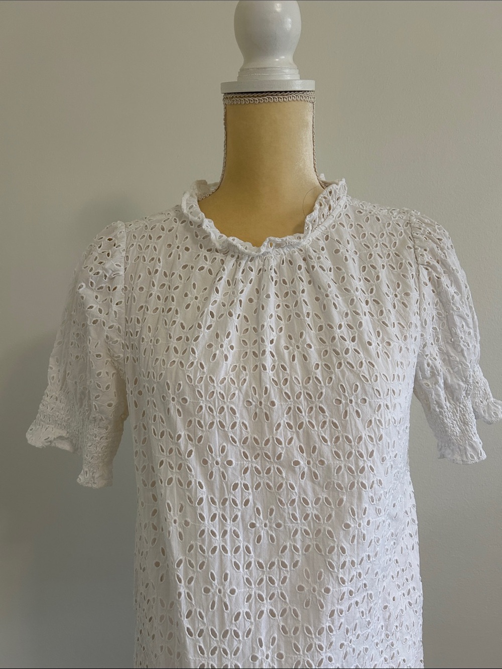 J. Crew White Eyelet Ruffle Neck Puff Sleeve Blouse